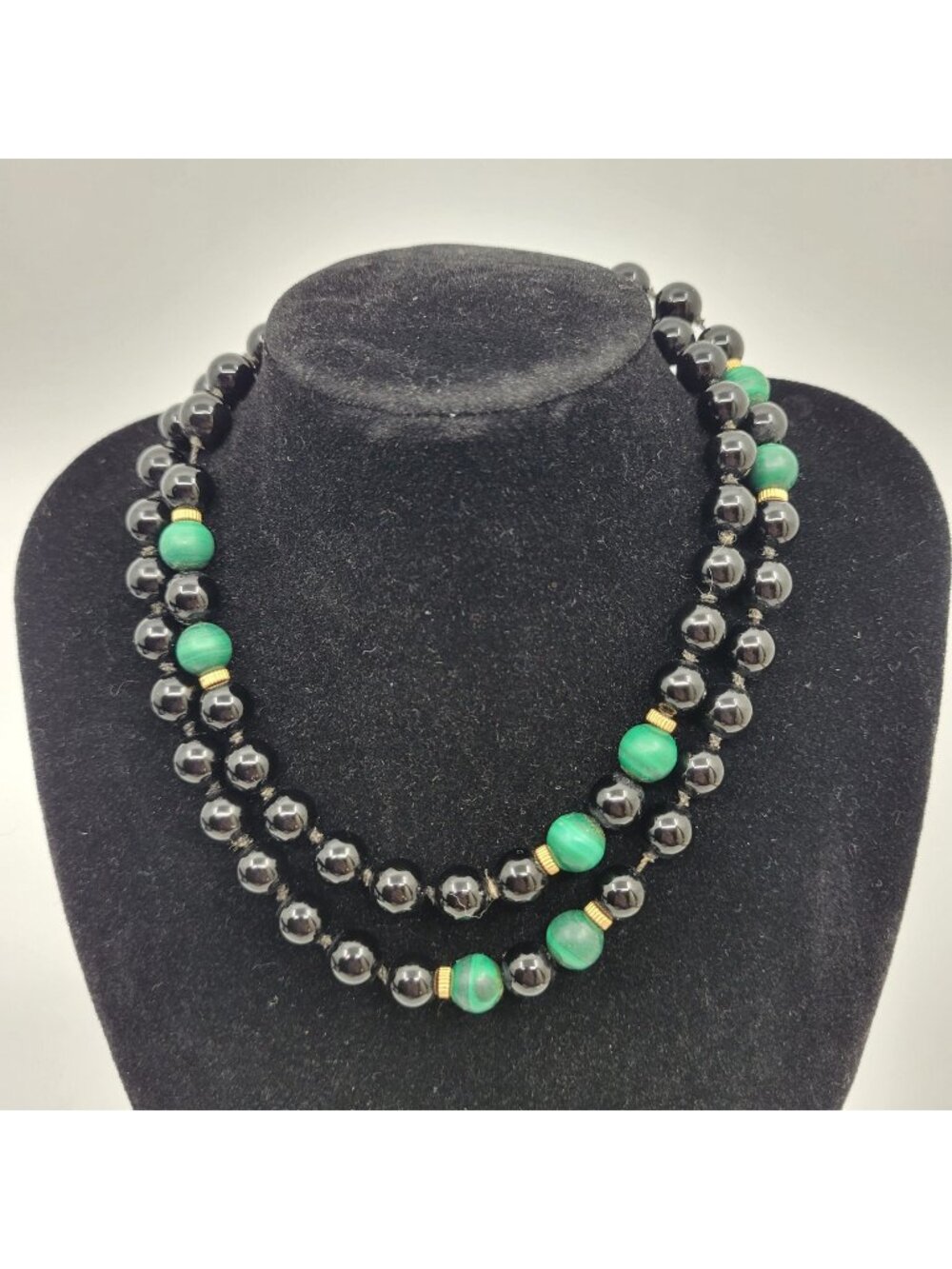 Vintage Beaded Necklace Handmade 24" Black Onyx with Green Malachite - jw017